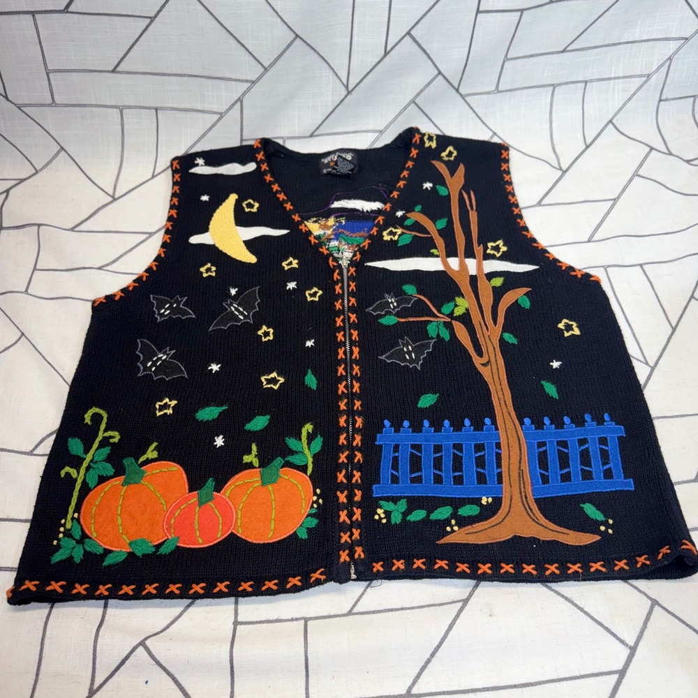 Designers Originals Studio Halloween Vest Large Black Zip Up Scarecrow Pumpkin
